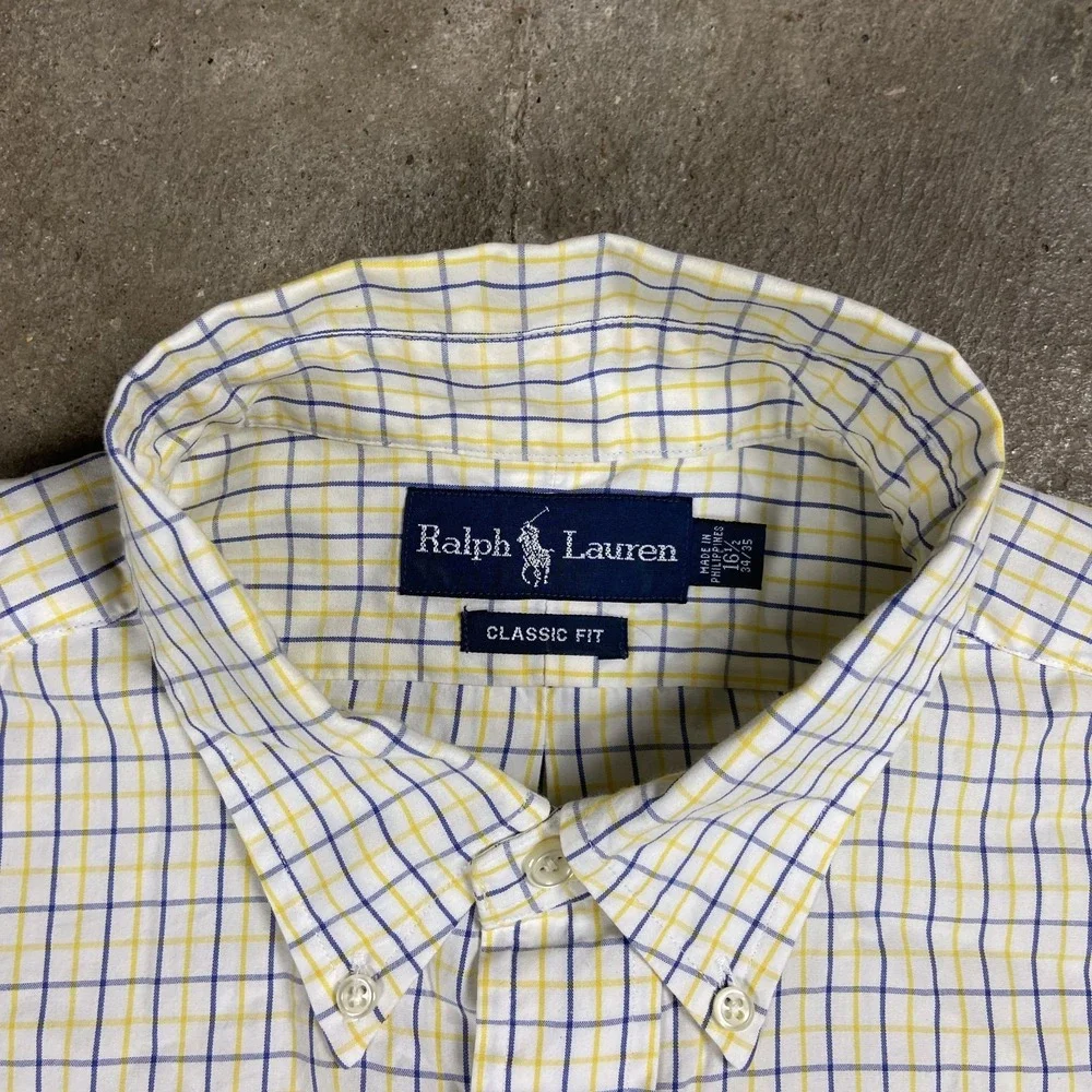 Vintage 90's Polo Ralph Lauren Oxford Button Down Size 16.5 34/35 Yellow Check